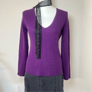 J.Crew 100% Pure Cashmere Dark‎ Purple Cable-Knit V-Neck Sweater 🍆